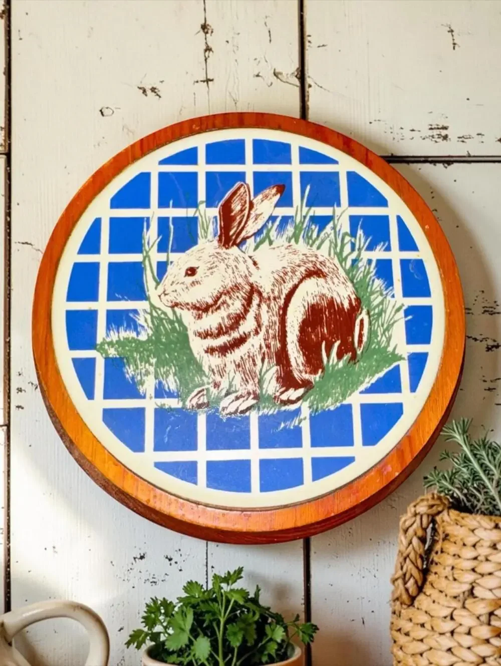 Farmhouse Trivet Bunny Artwork, Ceramic Tile, Round Vintage Rabbit Art